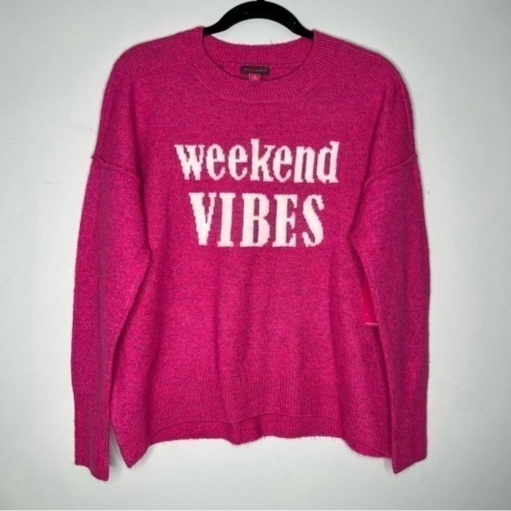 VINCE CAMUTO Oversized Weekend Vibes Sweater XS Hot Pink Crew Neckline - Picture 2 of 9